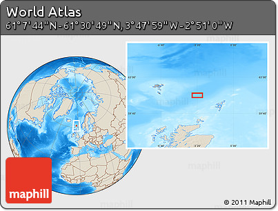 Shaded Relief Location Map of the Area around 61° 19' 16" N, 3° 19' 30" W