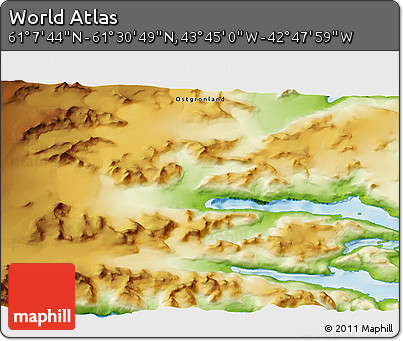 Physical 3D Map of the Area around 61° 19' 16" N, 43° 16' 29" W