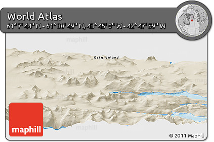 Shaded Relief Panoramic Map of the Area around 61° 19' 16" N, 43° 16' 29" W