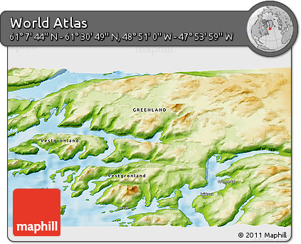 Physical 3D Map of the Area around 61° 19' 16" N, 48° 22' 30" W