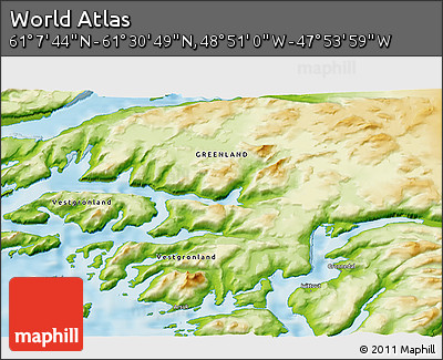 Physical 3D Map of the Area around 61° 19' 16" N, 48° 22' 30" W