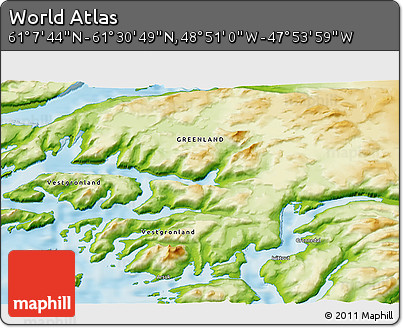 Physical 3D Map of the Area around 61° 19' 16" N, 48° 22' 30" W