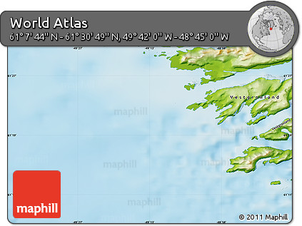 Physical Map of the Area around 61° 19' 16" N, 49° 13' 30" W
