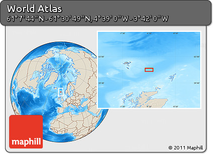 Shaded Relief Location Map of the Area around 61° 19' 16" N, 4° 10' 30" W