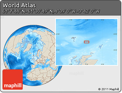Shaded Relief Location Map of the Area around 61° 19' 16" N, 4° 10' 30" W