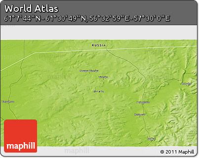Physical 3D Map of the Area around 61° 19' 16" N, 57° 1' 29" E