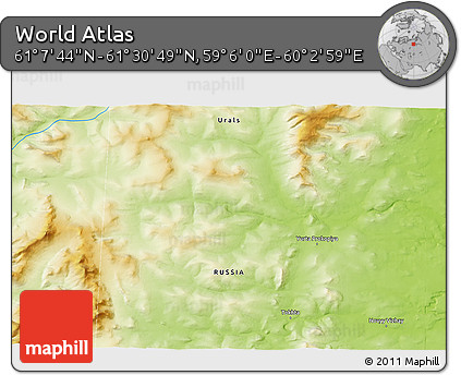 Physical 3D Map of the Area around 61° 19' 16" N, 59° 34' 30" E