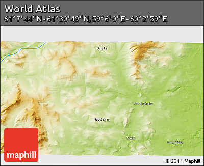 Physical 3D Map of the Area around 61° 19' 16" N, 59° 34' 30" E
