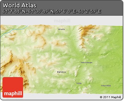 Physical 3D Map of the Area around 61° 19' 16" N, 59° 34' 30" E