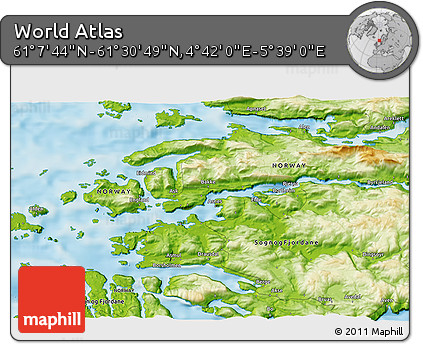 Physical 3D Map of the Area around 61° 19' 16" N, 5° 10' 30" E