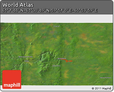 Satellite 3D Map of the Area around 61° 19' 16" N, 60° 25' 29" E