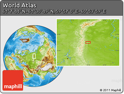 Physical Location Map of the Area around 61° 19' 16" N, 60° 25' 29" E