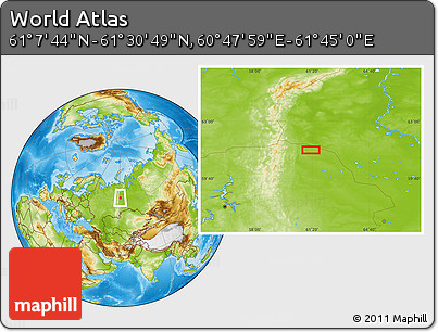 Physical Location Map of the Area around 61° 19' 16" N, 61° 16' 29" E