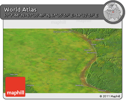 Satellite 3D Map of the Area around 61° 19' 16" N, 68° 4' 29" E