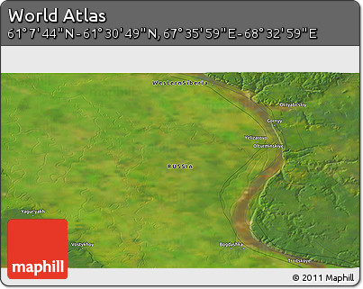 Satellite 3D Map of the Area around 61° 19' 16" N, 68° 4' 29" E