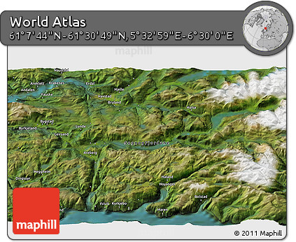 Satellite 3D Map of the Area around 61° 19' 16" N, 6° 1' 30" E