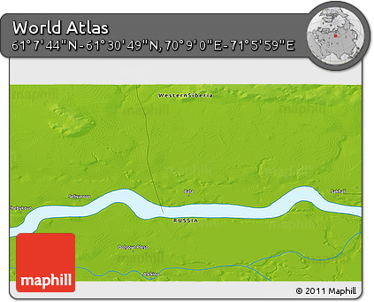 Physical 3D Map of the Area around 61° 19' 16" N, 70° 37' 30" E
