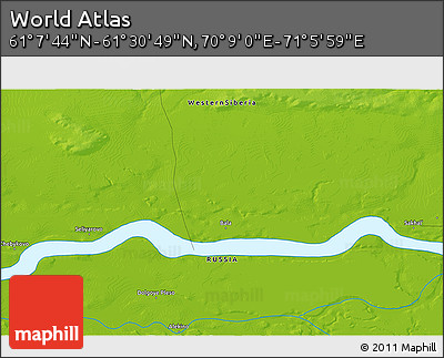 Physical 3D Map of the Area around 61° 19' 16" N, 70° 37' 30" E