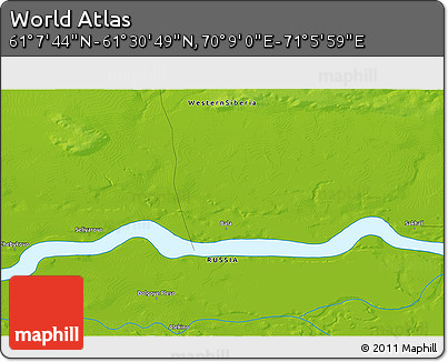 Physical 3D Map of the Area around 61° 19' 16" N, 70° 37' 30" E