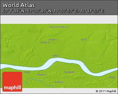Physical 3D Map of the Area around 61° 19' 16" N, 72° 19' 29" E
