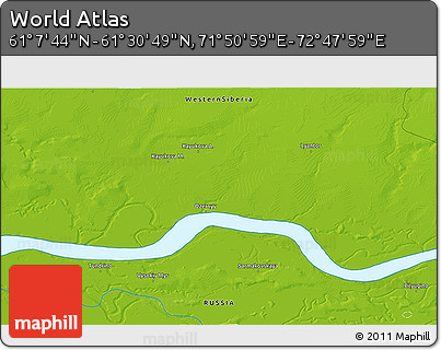 Physical 3D Map of the Area around 61° 19' 16" N, 72° 19' 29" E