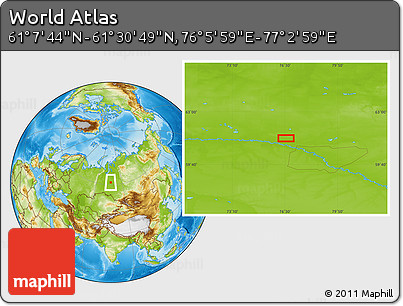 Physical Location Map of the Area around 61° 19' 16" N, 76° 34' 29" E