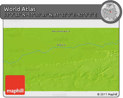 Physical 3D Map of the Area around 61° 19' 16" N, 81° 40' 30" E