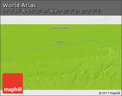 Physical 3D Map of the Area around 61° 19' 16" N, 81° 40' 30" E