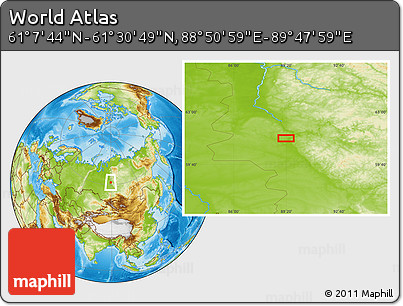Physical Location Map of the Area around 61° 19' 16" N, 89° 19' 29" E