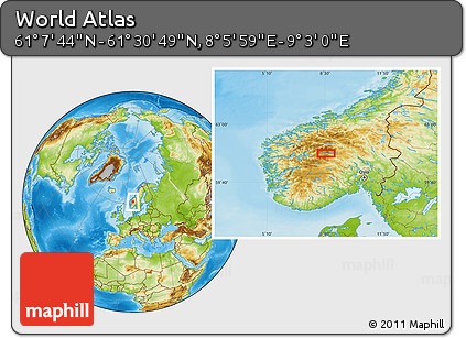 Physical Location Map of the Area around 61° 19' 16" N, 8° 34' 29" E
