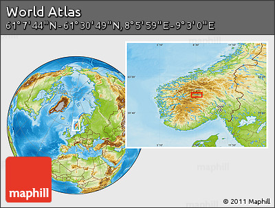 Physical Location Map of the Area around 61° 19' 16" N, 8° 34' 29" E