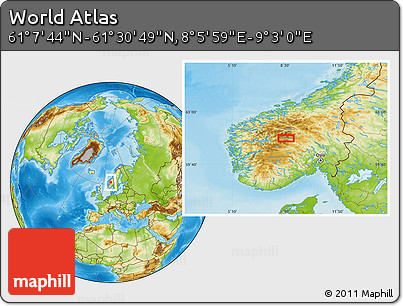 Physical Location Map of the Area around 61° 19' 16" N, 8° 34' 29" E