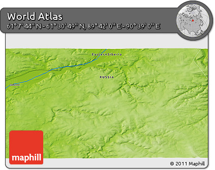Physical 3D Map of the Area around 61° 19' 16" N, 90° 10' 30" E