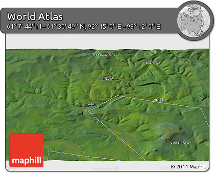 Satellite 3D Map of the Area around 61° 19' 16" N, 92° 43' 29" E