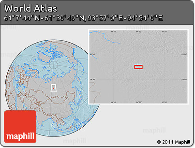 Gray Location Map of the Area around 61° 19' 16" N, 94° 25' 30" E, hill shading