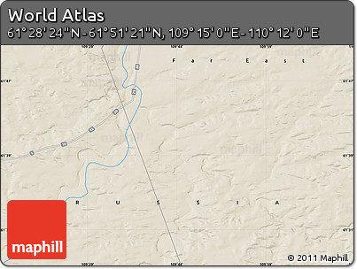 Shaded Relief Map of the Area around 61° 39' 52" N, 109° 43' 29" E