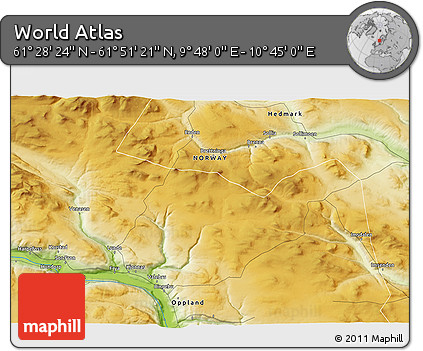 Physical 3D Map of the Area around 61° 39' 52" N, 10° 16' 30" E
