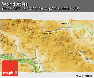 Physical 3D Map of the Area around 61° 39' 52" N, 10° 16' 30" E