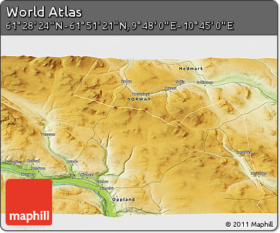 Physical 3D Map of the Area around 61° 39' 52" N, 10° 16' 30" E
