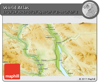 Physical 3D Map of the Area around 61° 39' 52" N, 11° 7' 30" E