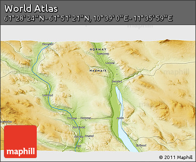 Physical 3D Map of the Area around 61° 39' 52" N, 11° 7' 30" E