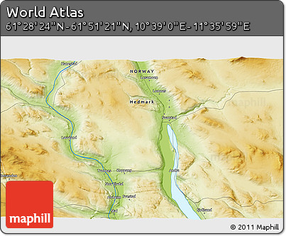 Physical 3D Map of the Area around 61° 39' 52" N, 11° 7' 30" E