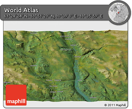 Satellite 3D Map of the Area around 61° 39' 52" N, 11° 7' 30" E