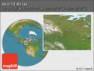 Satellite Location Map of the Area around 61° 39' 52" N, 123° 10' 30" W