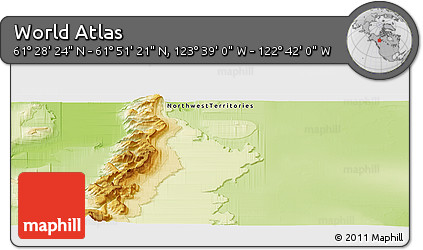 Physical Panoramic Map of the Area around 61° 39' 52" N, 123° 10' 30" W