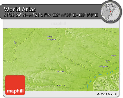 Physical 3D Map of the Area around 61° 39' 52" N, 132° 40' 30" E