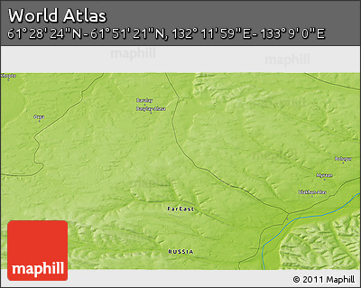 Physical 3D Map of the Area around 61° 39' 52" N, 132° 40' 30" E