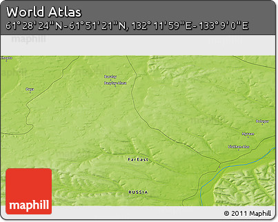 Physical 3D Map of the Area around 61° 39' 52" N, 132° 40' 30" E