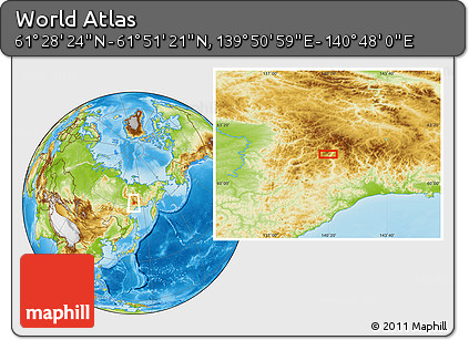 Physical Location Map of the Area around 61° 39' 52" N, 140° 19' 29" E