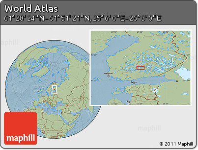 Savanna Style Location Map of the Area around 61° 39' 52" N, 25° 34' 30" E, hill shading